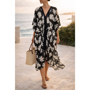 Michael Stars Sheer Floral Kaftan Cover Up NWT Resort Beach Kimono One Size